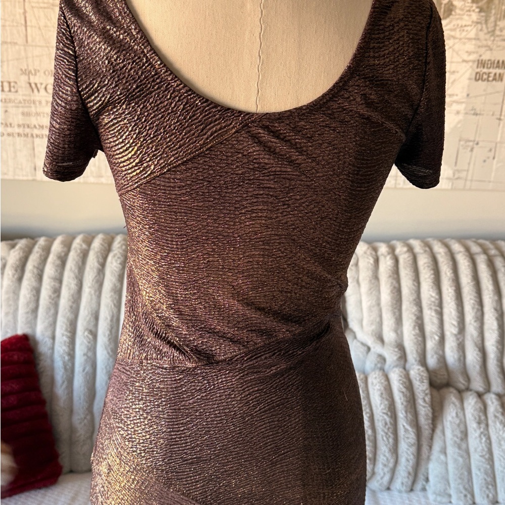 Free People Metallic‎ Bodycon Mini Dress XS Brown Bronze Short Sleeve Scoop Neck - Picture 5 of 7